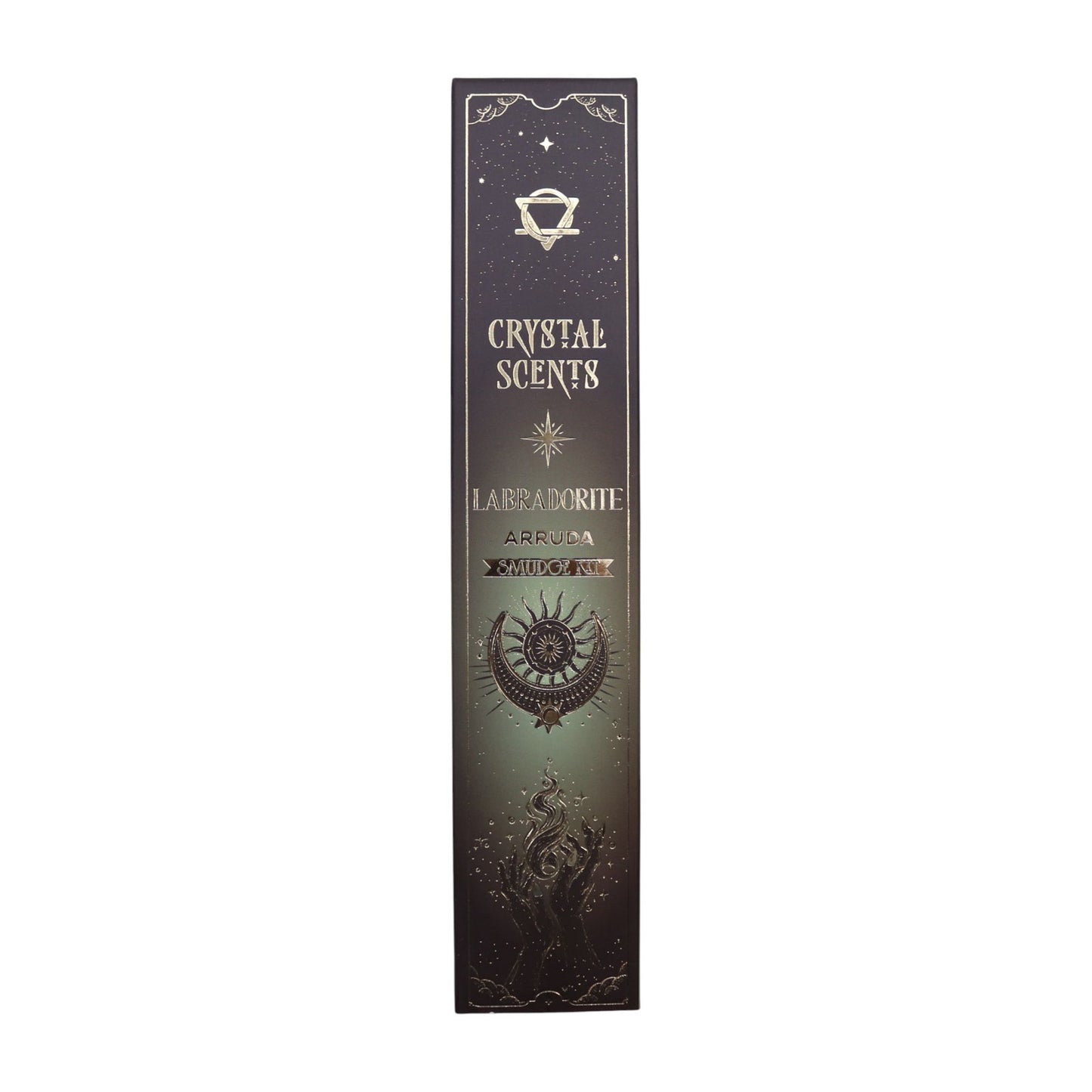 Cleanse your space with the crisp, herbal power of Arruda, a plant long revered for its protective and purifying qualities. This smudge incense set is paired with natural labradorite chipstones—stones of intuition, transformation, and shimmering mystique. Handcrafted in India using traditional smudge-style methods, each stick releases a clean, aromatic scent that brightens the atmosphere and restores energetic balance.

Inside the deep green celestial-themed sleeve, adorned with intricate artwork, you’ll fi
