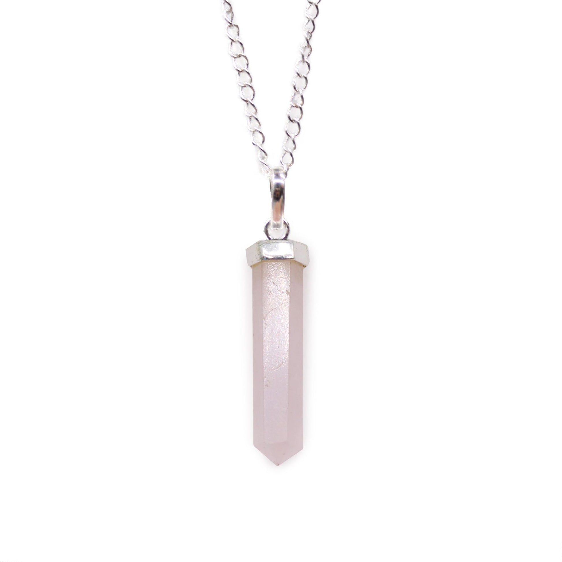Rose Quartz is often associated with love, kindness and emotional warmth, which makes this pendant a thoughtful gift for someone special or a meaningful piece to keep close every day.

Finished with a silver-plated chain, it works beautifully on its own or layered with other necklaces. Natural variations in the stone mean each pendant has its own subtle colour and pattern.