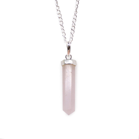 Rose Quartz is often associated with love, kindness and emotional warmth, which makes this pendant a thoughtful gift for someone special or a meaningful piece to keep close every day.

Finished with a silver-plated chain, it works beautifully on its own or layered with other necklaces. Natural variations in the stone mean each pendant has its own subtle colour and pattern.