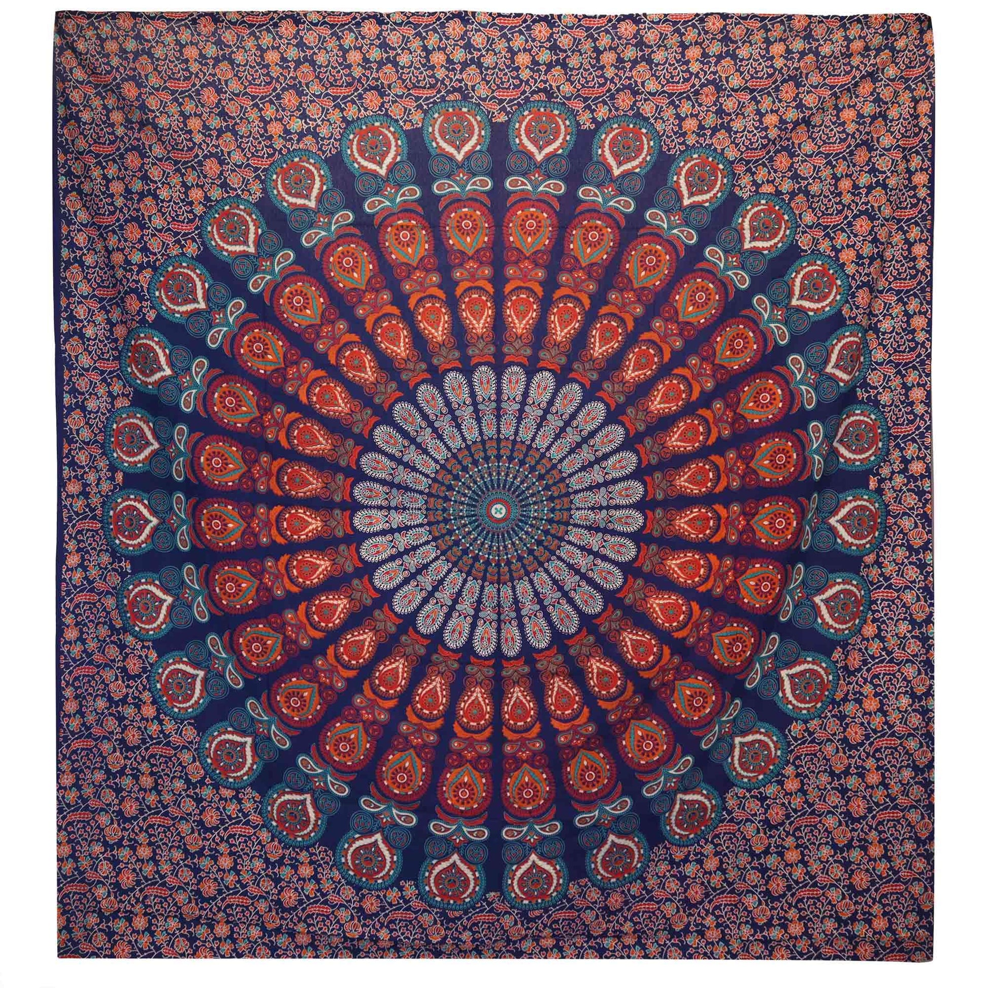 Grace, vision, and beauty woven into every thread...
This Peacock Mandala cotton bedspread is a vision in deep, rich blue – with feathers unfurled and sacred symmetry dancing through the fabric. Inspired by the mysticism of the peacock – the all-seeing, the radiant, the guardian of truth – it’s a spellbinding centrepiece for any sacred space.

Handmade in India from 100% natural cotton, this textile transforms easily into a protective wall hanging, altar backdrop, or soothing bed throw. The mandala radiates
