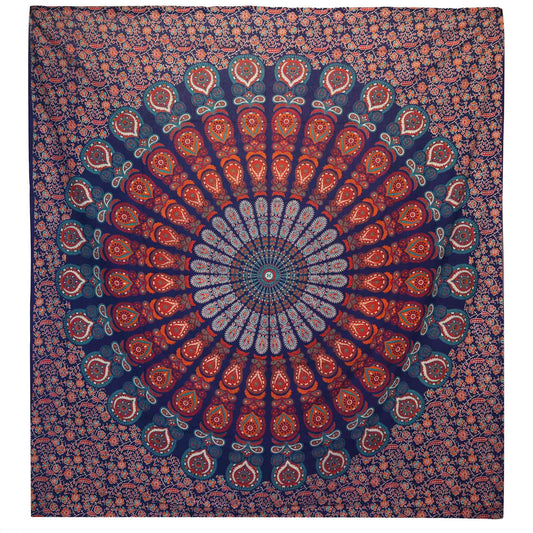 Grace, vision, and beauty woven into every thread...
This Peacock Mandala cotton bedspread is a vision in deep, rich blue – with feathers unfurled and sacred symmetry dancing through the fabric. Inspired by the mysticism of the peacock – the all-seeing, the radiant, the guardian of truth – it’s a spellbinding centrepiece for any sacred space.

Handmade in India from 100% natural cotton, this textile transforms easily into a protective wall hanging, altar backdrop, or soothing bed throw. The mandala radiates