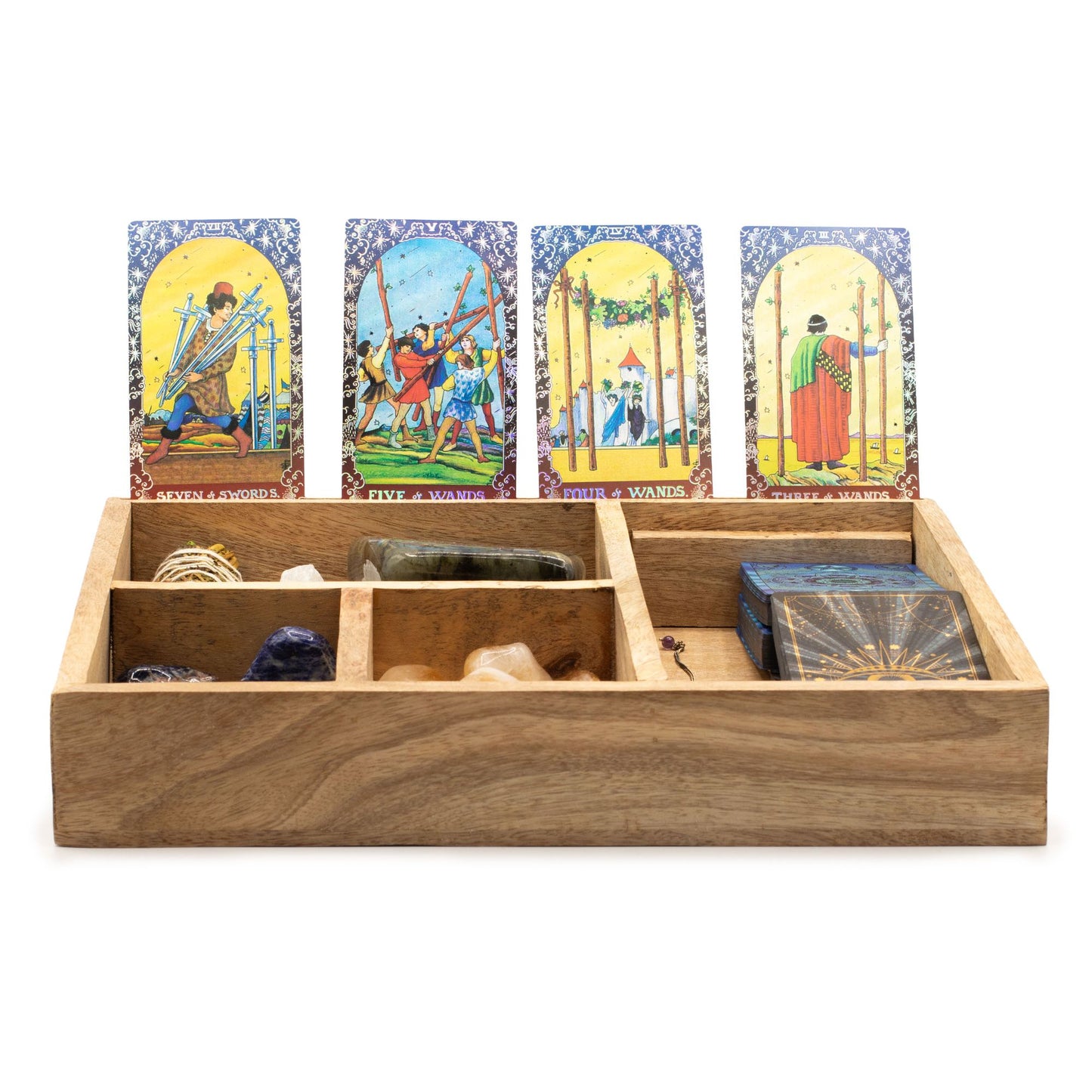 Wide spirit-etched tarot box with upright card display and large storage space. Ideal for multiple decks, crystals, and ritual organisation.