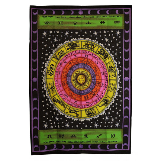 Celebrate the magic of the cosmos with this Zodiac Colourful Cotton Wall Art, a vibrant tapestry depicting the twelve astrological signs arranged in a radiant celestial wheel. Bursting with lively colour and mystical symbolism, this artwork channels star-guided wisdom, intuition, and cosmic connection into any space.

Handmade in India and sized at 70 x 110 cm, this lightweight cotton hanging is easy to display—perfect for witchy dens, meditation rooms, tarot spaces, bedrooms, or anywhere you wish to amplif
