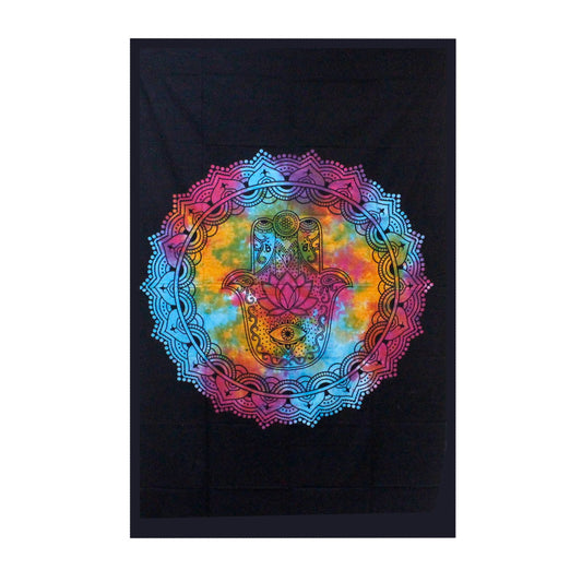 A shield in sacred form...
This Black Hamsa cotton bedspread is more than just a textile — it's a woven ward of protection and power. Featuring the ancient Hamsa hand, a symbol used across cultures to ward off the evil eye and negative energies, this piece brings focus, clarity, and spiritual safety to any space it touches.

Handmade in India using 100% natural cotton, this versatile bedspread can also be hung as a wall tapestry, used as an altar backdrop, or draped over a sacred space. The bold black desig