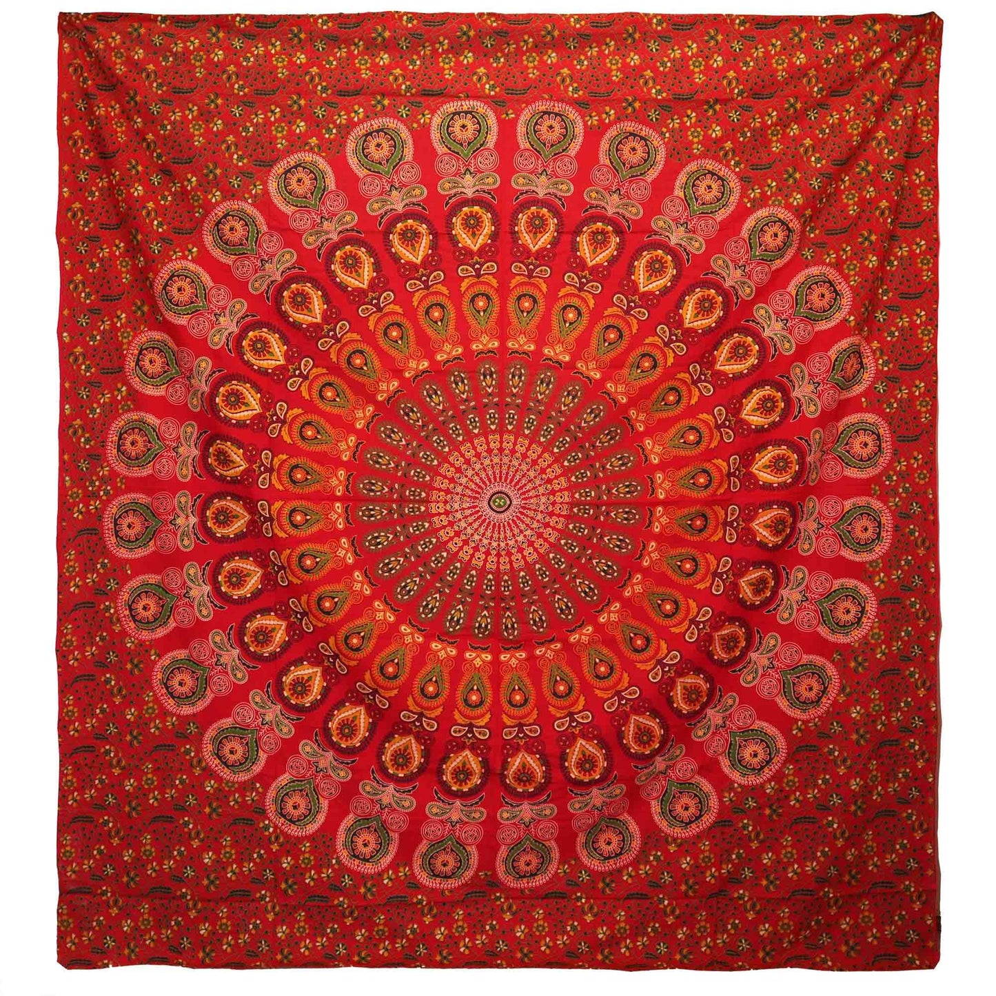 Embody the fierce beauty and sacred vision of the peacock in glowing red hues.
This Peacock Mandala cotton bedspread pulses with vibrant energy, weaving protection, passion, and transformation into your space. The majestic mandala and intricate peacock feathers symbolize awakening and spiritual insight.

Handmade with love in India from 100% soft cotton, this versatile textile can drape your bed or grace your walls as a powerful altar tapestry. Bring fiery warmth and magical focus to your witch’s sanctuary,