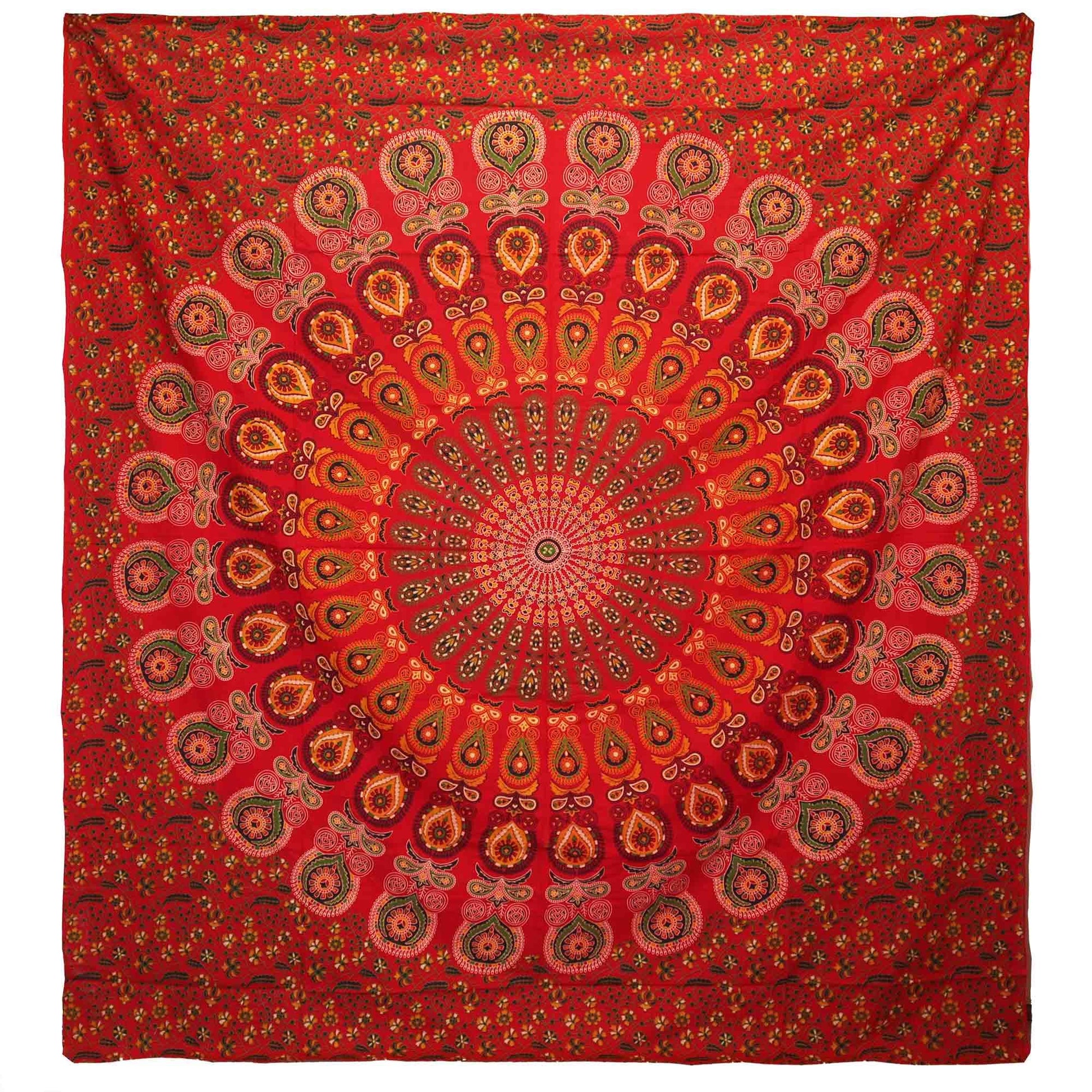 Embody the fierce beauty and sacred vision of the peacock in glowing red hues.
This Peacock Mandala cotton bedspread pulses with vibrant energy, weaving protection, passion, and transformation into your space. The majestic mandala and intricate peacock feathers symbolize awakening and spiritual insight.

Handmade with love in India from 100% soft cotton, this versatile textile can drape your bed or grace your walls as a powerful altar tapestry. Bring fiery warmth and magical focus to your witch’s sanctuary,