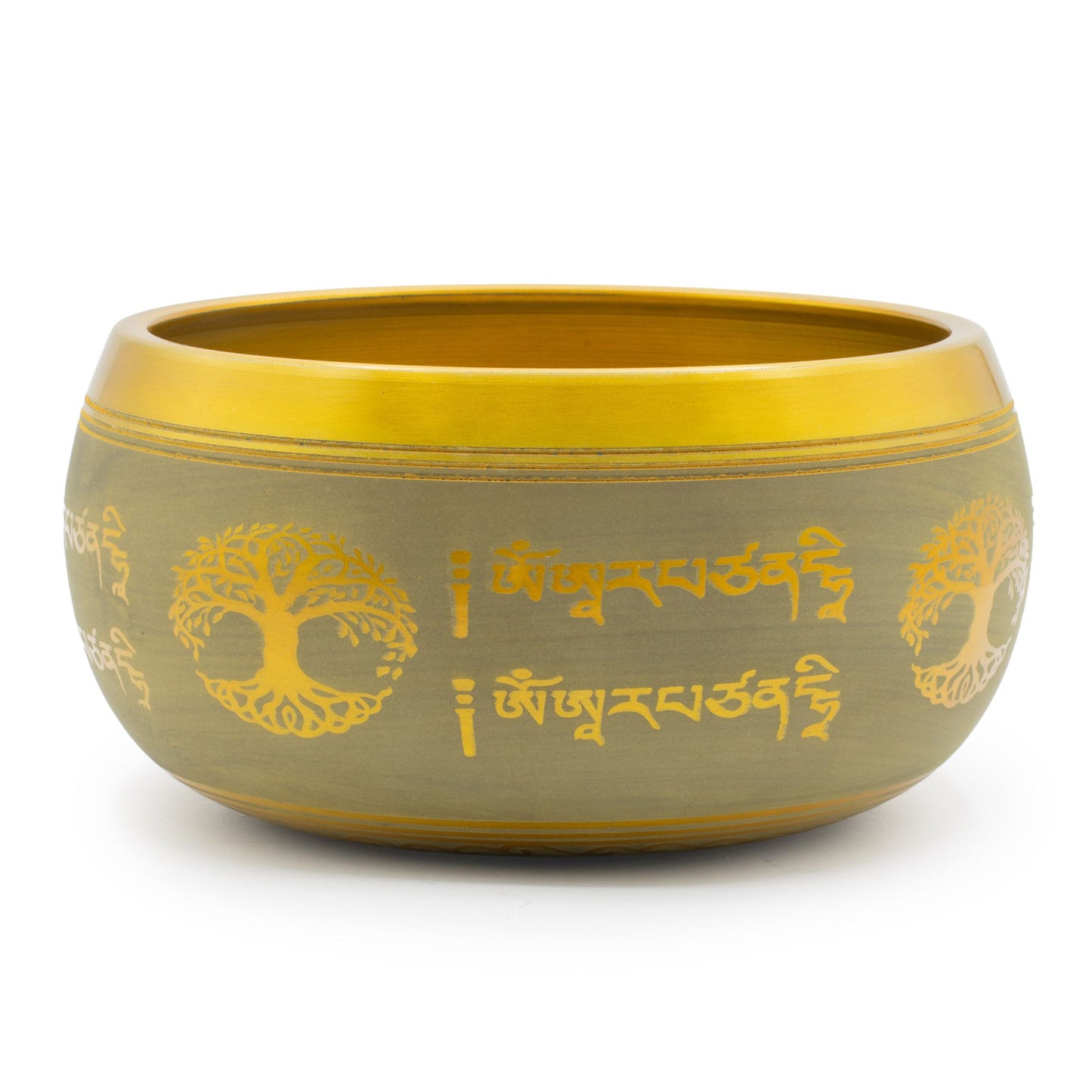 Ceramic bowl with gold designs and text on a white background