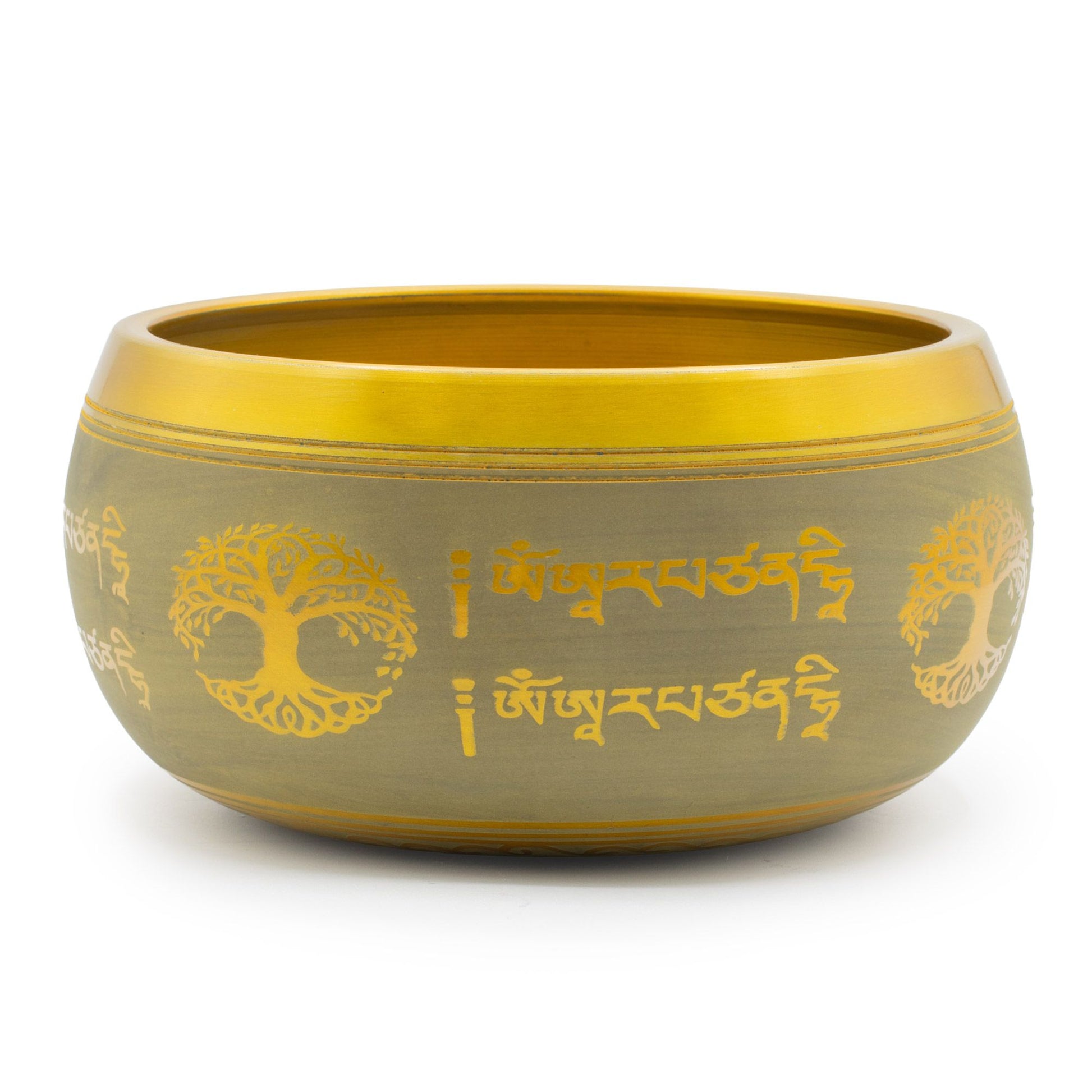 Ceramic bowl with gold designs and text on a white background