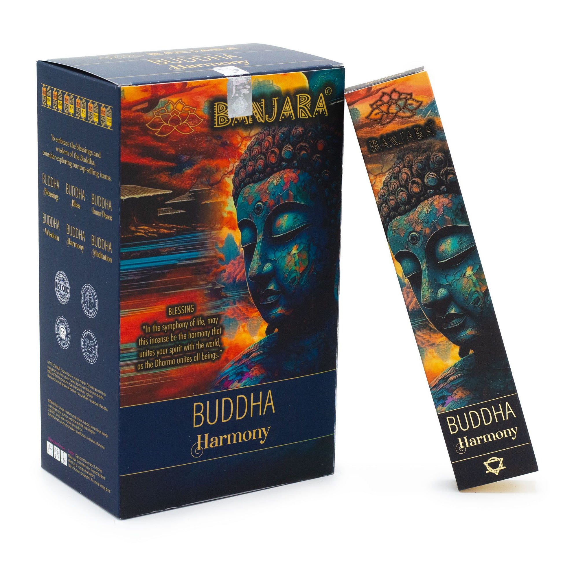 Handcrafted in India, Banjara Buddha – Harmony Incense carries a gentle, balanced herbal fragrance designed to bring unity, peace, and energetic alignment to your space. Each pack contains around 12 natural incense sticks, releasing a soft, steady aroma that encourages calm connection—within yourself and with the world around you.

This soothing blend is ideal for meditation, yoga, mindful breathing, family spaces, or any ritual where you wish to restore balance and create a harmonious atmosphere. Its delic