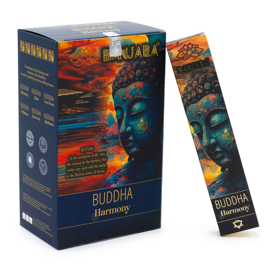 Handcrafted in India, Banjara Buddha – Harmony Incense carries a gentle, balanced herbal fragrance designed to bring unity, peace, and energetic alignment to your space. Each pack contains around 12 natural incense sticks, releasing a soft, steady aroma that encourages calm connection—within yourself and with the world around you.

This soothing blend is ideal for meditation, yoga, mindful breathing, family spaces, or any ritual where you wish to restore balance and create a harmonious atmosphere. Its delic