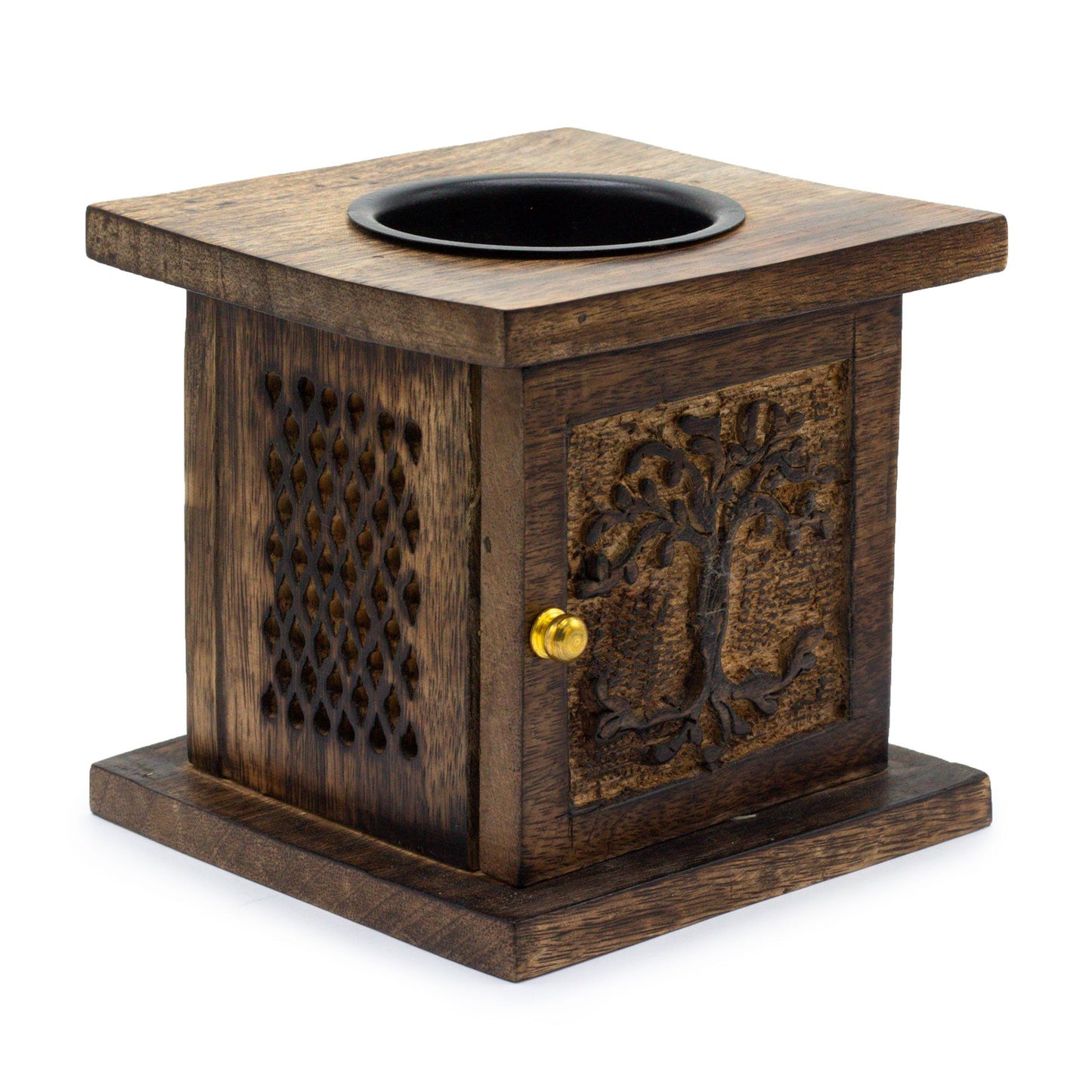 Made from eco-friendly, durable&nbsp;mango wood,&nbsp;each box showcases natural wood grain patterns, making every piece unique.

The&nbsp;carved Tree of Life&nbsp;symbolises growth, strength, and connection, offering a powerful spiritual message alongside its decorative appeal.

The front door opens easily for quick access, and the lattice designs on the side panels provide proper ventilation.

Can be used with oils or wax melts.&nbsp;

The box measures approximately 12x12 cm&nbsp;