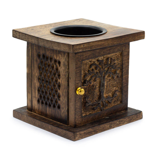Made from eco-friendly, durable&nbsp;mango wood,&nbsp;each box showcases natural wood grain patterns, making every piece unique.

The&nbsp;carved Tree of Life&nbsp;symbolises growth, strength, and connection, offering a powerful spiritual message alongside its decorative appeal.

The front door opens easily for quick access, and the lattice designs on the side panels provide proper ventilation.

Can be used with oils or wax melts.&nbsp;

The box measures approximately 12x12 cm&nbsp;