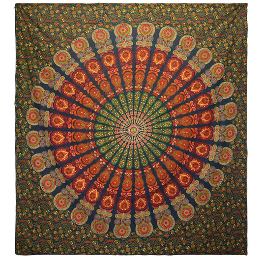Step into the heart of the forest, where feathers shimmer and mandalas bloom...
This Peacock Mandala cotton bedspread in vibrant green is a sacred celebration of beauty, vision, and growth. The peacock — guardian of truth and symbol of awakened sight — spreads its feathers through a mandala of sacred symmetry.

Handmade in India using 100% natural cotton, this piece serves as a bedspread, wall hanging, altar cloth, or meditation mat. The rich green tones root your space in heart energy and abundance, while 