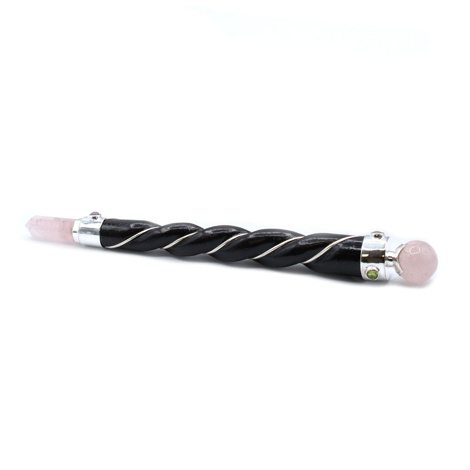 Let love flow through every layer of your being with the Twisted Healing Wand – Silver Rose Quartz Sphere. Handcrafted with intention, this sacred tool features a spiraling form that channels energy gracefully and a silver-set Rose Quartz sphere that glows with the soft vibration of compassion and emotional healing.

Rose Quartz is the stone of unconditional love, soothing the heart and nurturing your connection to self, others, and the divine. Its gentle energy helps dissolve emotional wounds, restore trus
