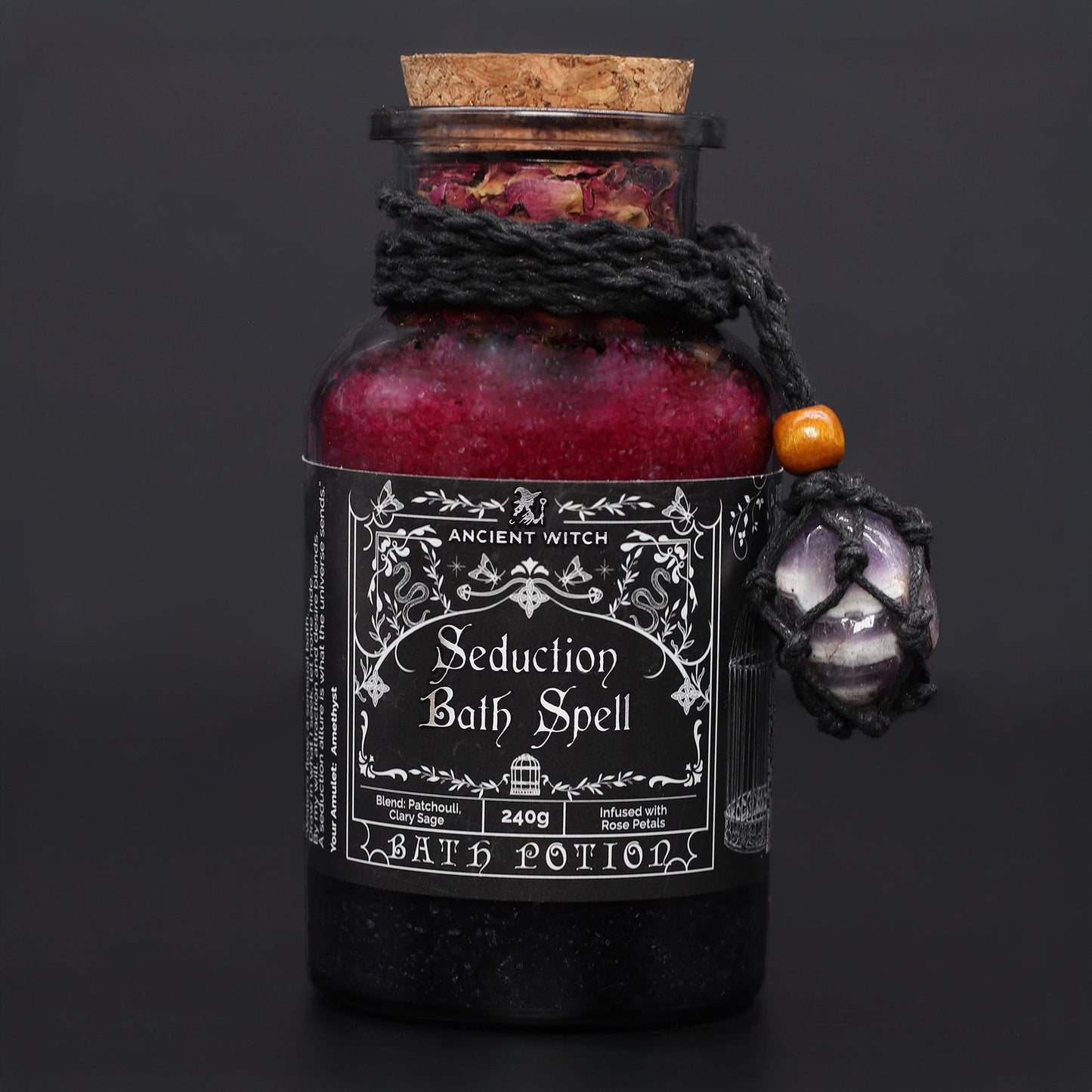 Ancient Witch Seduction Bath Spell Potion & Amethyst Crystal Amulet – Sensual Energy Ritual