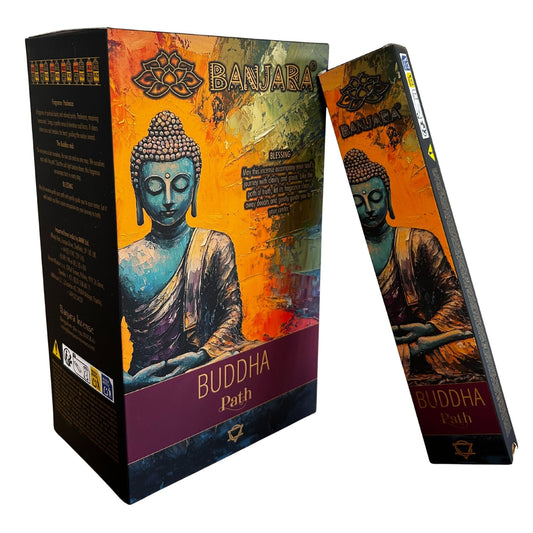 Crafted in India with intention and care, Banjara Buddha – Path Incense offers a herbal, lightly spiced aroma designed to steady the spirit and sharpen inner clarity. Each pack contains around 12 slow-burning sticks, releasing a calming fragrance that supports grounding, strength, and focused determination—perfect for witches walking new paths or embracing fresh chapters in life.

Blended from natural ingredients and ethically sourced materials, these incense sticks create a steady, soothing atmosphere idea