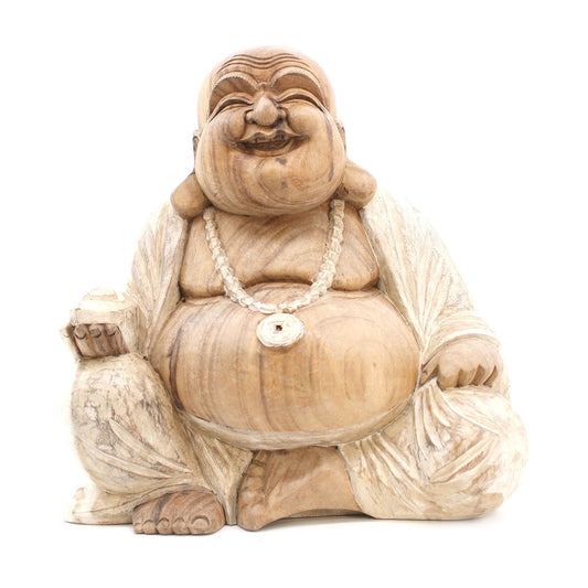 The laughter of the Buddha is the echo of joy, a reminder that contentment is the greatest treasure.

This 40cm Happy Buddha statue is hand-carved from suar wood and finished with a soft whitewash effect, giving it an antique, serene appearance. The gentle white tones highlight the joyful expression, rounded belly, and flowing robes, capturing the playful and generous spirit of this beloved figure.

Known as Budai in Chinese folklore, the Laughing Buddha is celebrated for his happiness, abundance, and goodw