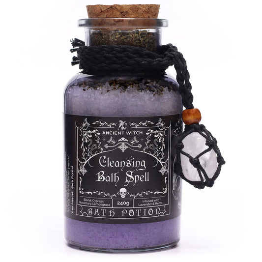 Cleanse your spirit and restore balance with the Ancient Witch Bath Spell Potion & Rock Crystal Amulet, a sacred blend of natural salts, herbs, and oils crafted for spiritual renewal and purification.

Infused with the soothing power of Epsom salt, lavender blossoms, and purifying botanicals, this ritual potion awakens the senses and releases stagnant energy. The essential oils of cypress, rosemary, and lemongrass work in harmony to clear the aura and invite clarity, peace, and grounding energy.

Presented 