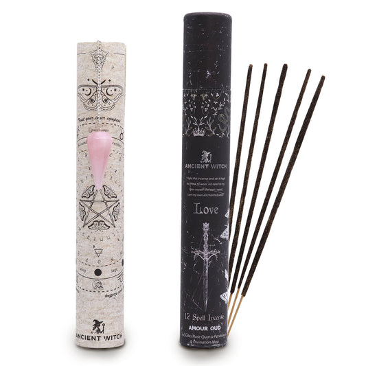 Let this Love Spell Incense set create a soft, heart-opening atmosphere at home. The blend has a warm, oud-inspired scent that feels comforting, romantic, and grounding from the moment it begins to burn.

Inside the beautifully printed tube are 12 handmade incense sticks, a genuine rose quartz pendulum, and a divination map for gentle, reflective practice. The sticks have a slow, steady burn that fills the room with an elegant Amour Oud fragrance, ideal for meditation, journalling, or setting intentions aro