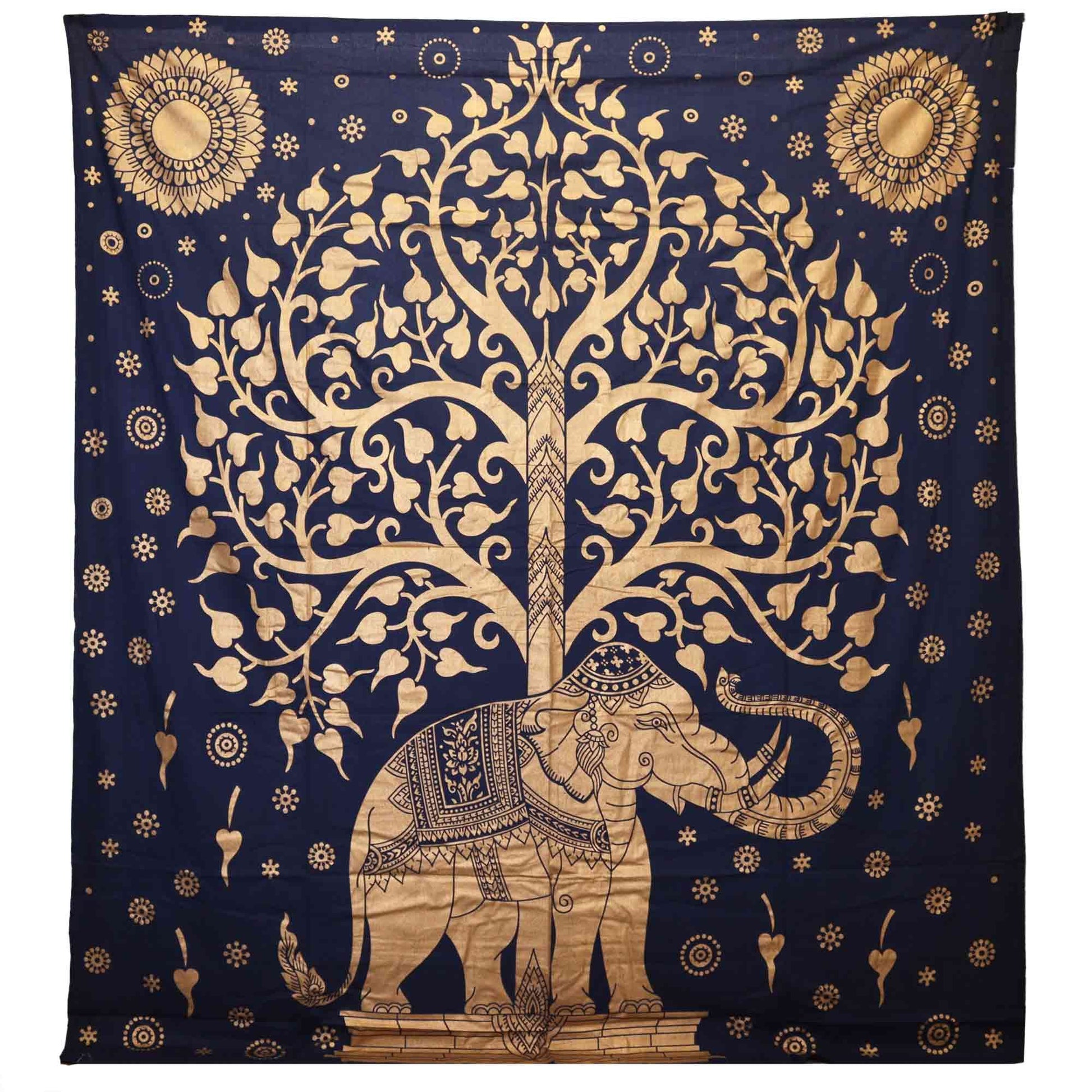 Rooted like the ancient tree, wise as the wandering elephant – this Elephant & Tree cotton bedspread is a tapestry of earth’s memory. Woven in deep blue and gold, it evokes both sky and soil, dream and grounding.

Handmade in India from 100% natural cotton, it features the sacred elephant beneath the Tree of Life – a symbol of strength, protection, and eternal connection. Use it as a calming wall hanging to watch over your space or drape it over your bed to sleep under branches of myth and meaning.

Whether