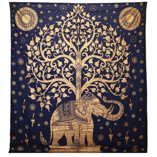 Rooted like the ancient tree, wise as the wandering elephant – this Elephant & Tree cotton bedspread is a tapestry of earth’s memory. Woven in deep blue and gold, it evokes both sky and soil, dream and grounding.

Handmade in India from 100% natural cotton, it features the sacred elephant beneath the Tree of Life – a symbol of strength, protection, and eternal connection. Use it as a calming wall hanging to watch over your space or drape it over your bed to sleep under branches of myth and meaning.

Whether