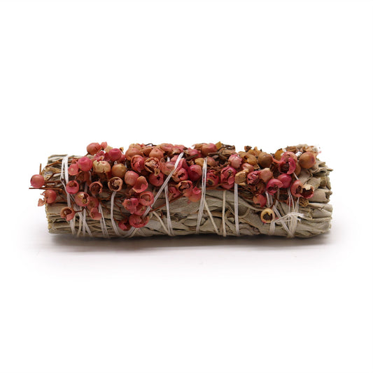 Walk the sacred path with this White Sage and Pirul Seed Smudge Stick, a potent fusion of spiritual purity and protective fire. Pirul, also known as Peruvian pepper tree seed, is revered in indigenous traditions for its power to banish hexes, curses, and intrusive spirits.

White Sage acts as a purifier—clearing stagnant energy and aligning the aura—while Pirul Seed amplifies protection, forming a spiritual shield and calling in warrior ancestors to stand guard. Together, they create a smudge blend ideal fo