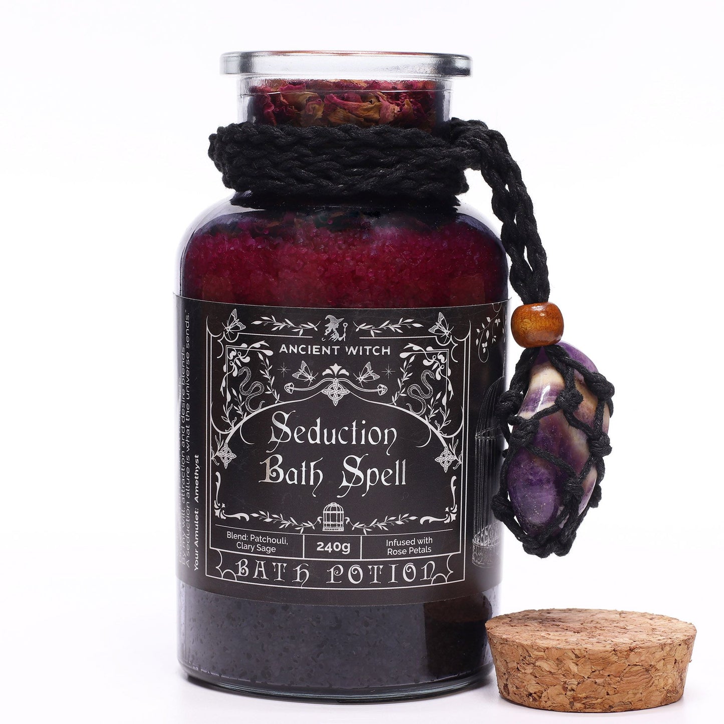 Ancient Witch Seduction Bath Spell Potion & Amethyst Crystal Amulet – Sensual Energy Ritual