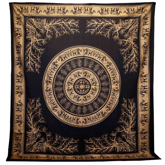 Step softly into the jungle of dreams...
This Elephant Jungle cotton bedspread in bold black and rich gold is a majestic piece of wild magic. Woven from 100% cotton and handmade in India, it features sacred elephants walking through an enchanted forest – a symbol of strength, wisdom, and grounded protection.

Use it as a wall hanging to channel powerful jungle energy into your ritual space, or spread it over your bed to awaken your inner wanderer. It brings warmth, colour, and storytelling to any corner it 