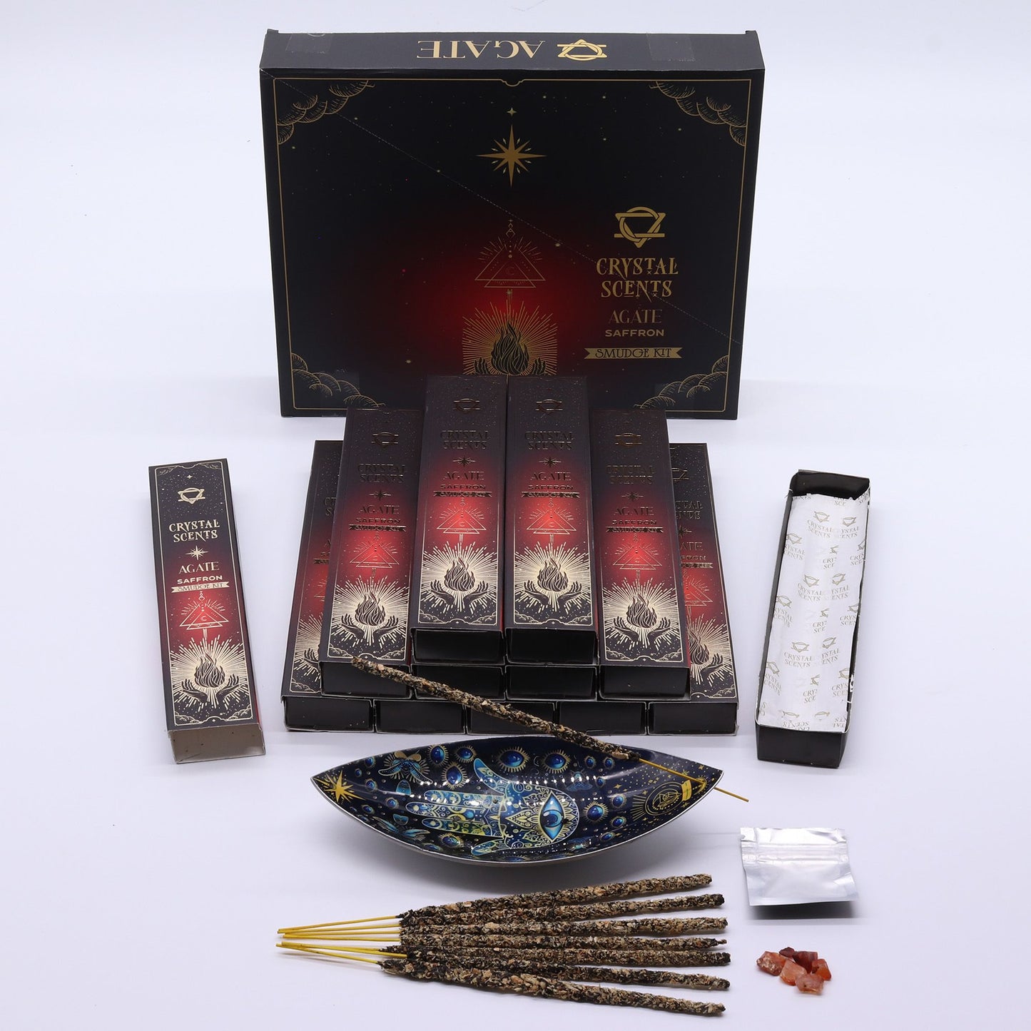 Saffron Smudge Incense with Red Agate – Warm Luxurious Ritual Set
