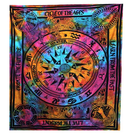 The wheel turns, and time is woven…
This Circle of Ages cotton bedspread is a tapestry of timelessness — a sacred symbol of the eternal cycle of life, death, and rebirth. Its powerful circular design evokes ancient rites, seasonal changes, and the rhythms of nature known to witches, druids, and seekers alike.

Handmade in India from soft, breathable cotton, it can be used as a double bedspread, wall hanging, ritual cloth, or grounding centrepiece for your sacred space. Whether you're honouring the turning o