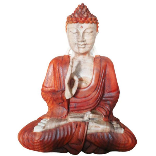 The gesture of teaching is the bridge between wisdom and compassion.

This hand-carved Buddha statue, standing at 30cm, is crafted from suar wood using the same traditional tools and methods passed down through generations of Tibetan artisans. Each curve and line is given life through patient hours of carving, reflecting both devotion and discipline.

The Buddha is depicted in the Dharmachakra Mudra, the Gesture of Teaching Transmission. This sacred hand position symbolizes the turning of the Wheel of Dharm