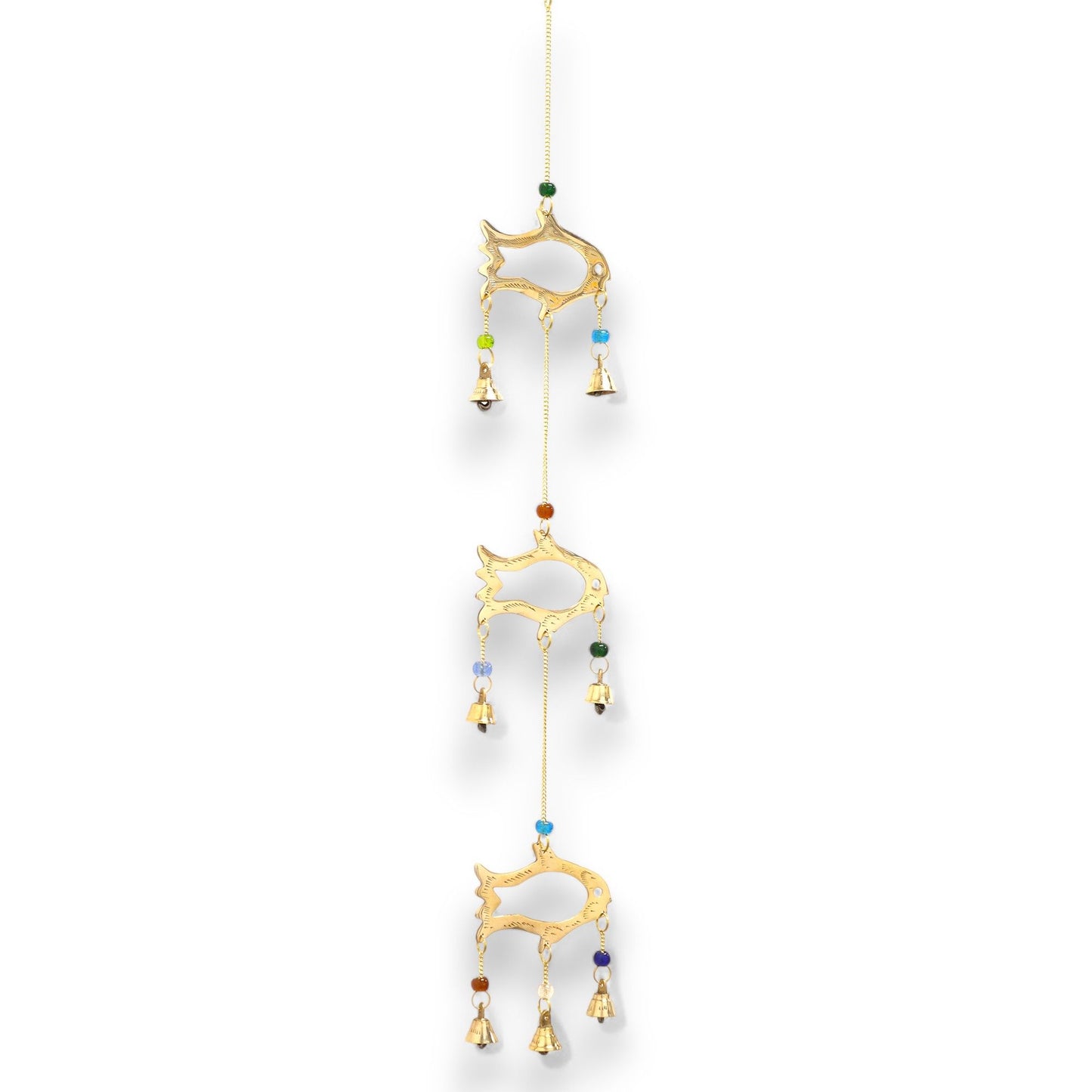Bring movement, harmony, and gentle sound into your space with these Indian Chimes featuring a graceful Brass Fish Drop design. Crafted at 54cm in length, the piece showcases three brass fish symbols — long associated with abundance, flow, and good fortune — suspended among vibrant beads that add colour and energy.

Seven brass bells hang below, each releasing soft, melodic tones that drift through the air with every breeze. Ideal for meditation rooms, entryways, sheltered outdoor spaces, or anywhere in nee