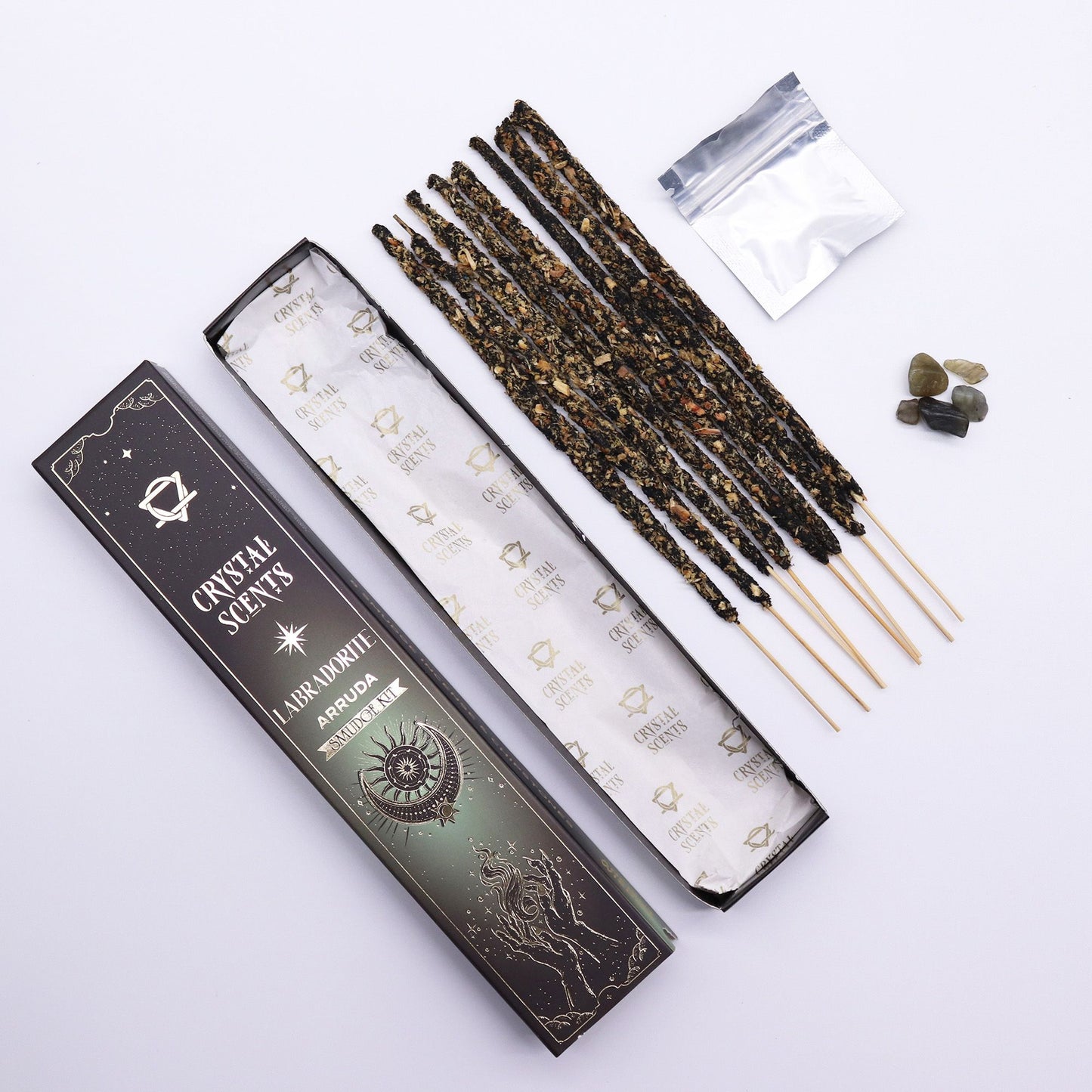 Arruda Smudge Incense with Labradorite – Herbal Cleansing Ritual Set
