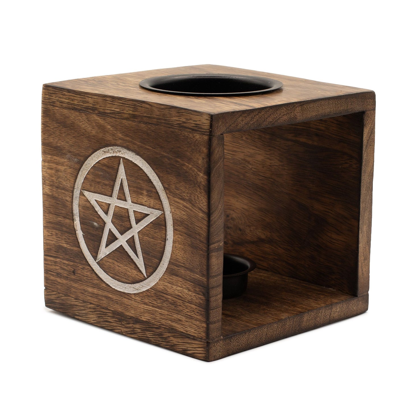 The Large Square Mango Wood Oil Burner featuring the Pentagon design offers a bold, geometric aesthetic that appeals to lovers of modern minimalism and sacred symmetry alike. Handcrafted from mango wood, this burner features a clean, five-sided pentagonal motif engraved into the timber.