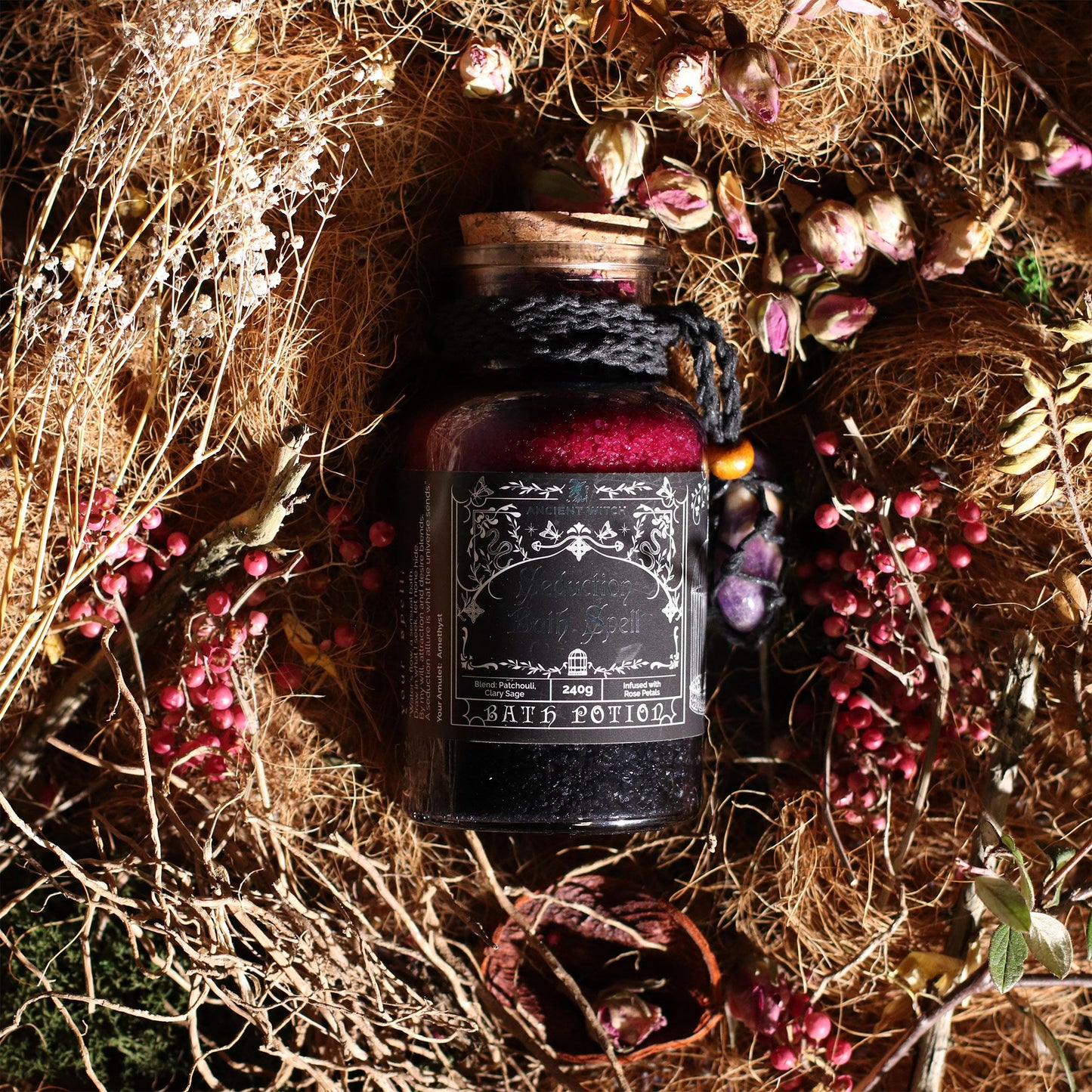Ancient Witch Seduction Bath Spell Potion & Amethyst Crystal Amulet – Sensual Energy Ritual