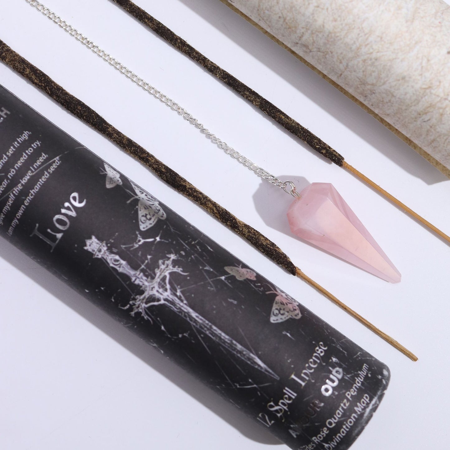 Love Spell Incense – Amour Oud Ritual Set with Rose Quartz Pendulum