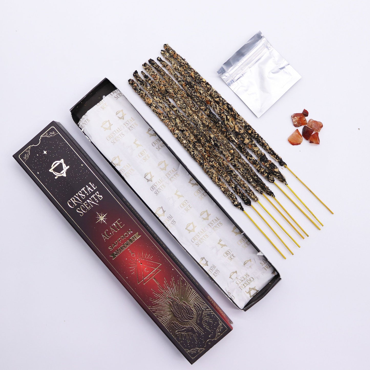 Saffron Smudge Incense with Red Agate – Warm Luxurious Ritual Set