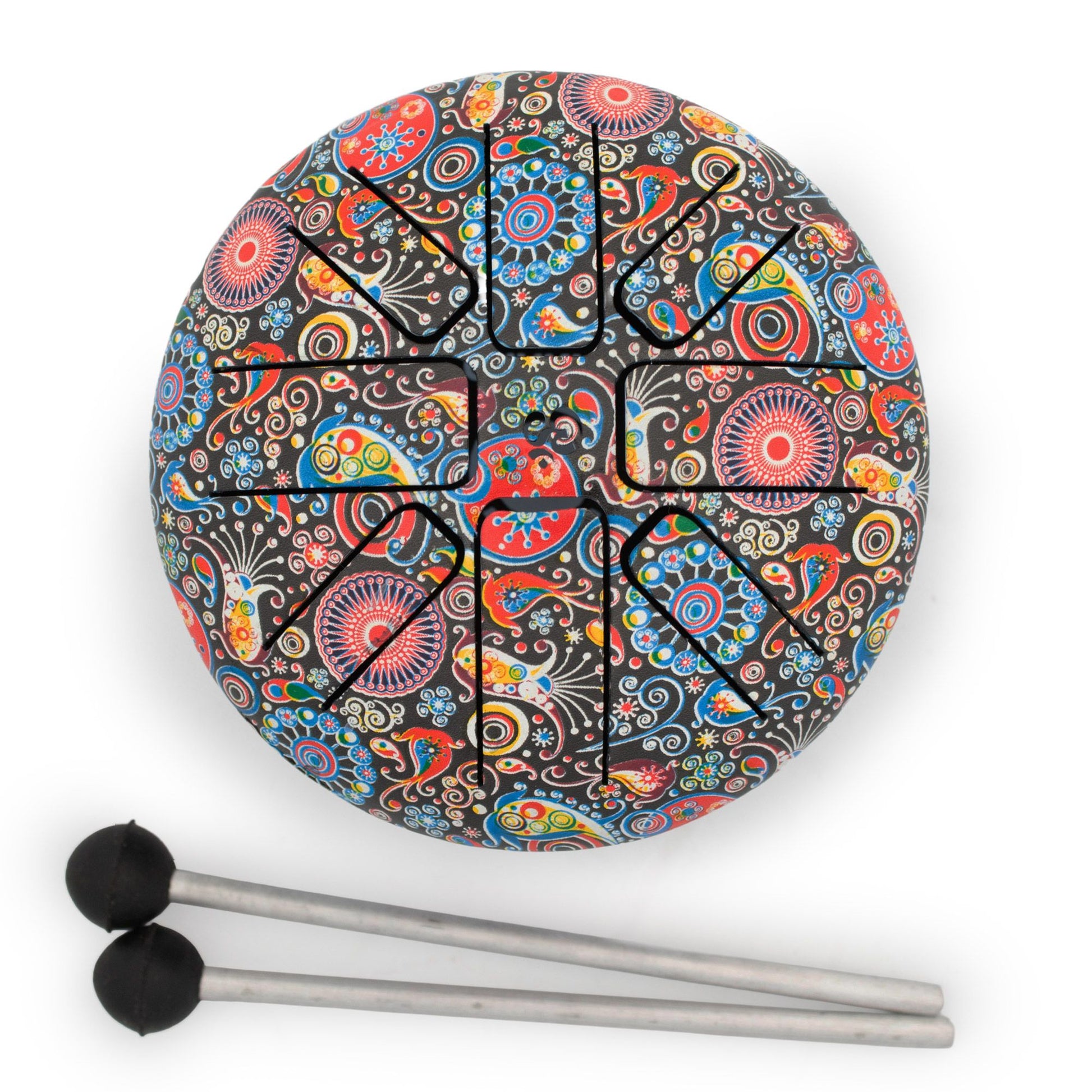 A compact Hapi Drum with a bold multi-coloured design, combining visual impact with easy-to-play sound. The patterned finish adds a decorative touch, while the drum produces soft, clear tones that are simple to create, even for beginners.