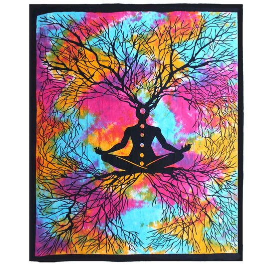 Root down. Rise up. Breathe deep.
This Yoga Tree cotton bedspread is a tribute to balance — the sacred dance between earth and sky. Featuring the iconic Tree Pose (Vrikshasana) within a mandala-style design, this textile invites stillness, strength, and mindful presence into your space.

Handmade in India from 100% soft cotton, it works beautifully as a wall hanging, altar backdrop, meditation mat, or soothing bedspread. The detailed tree design reminds us of our own roots and potential — grounded yet reach