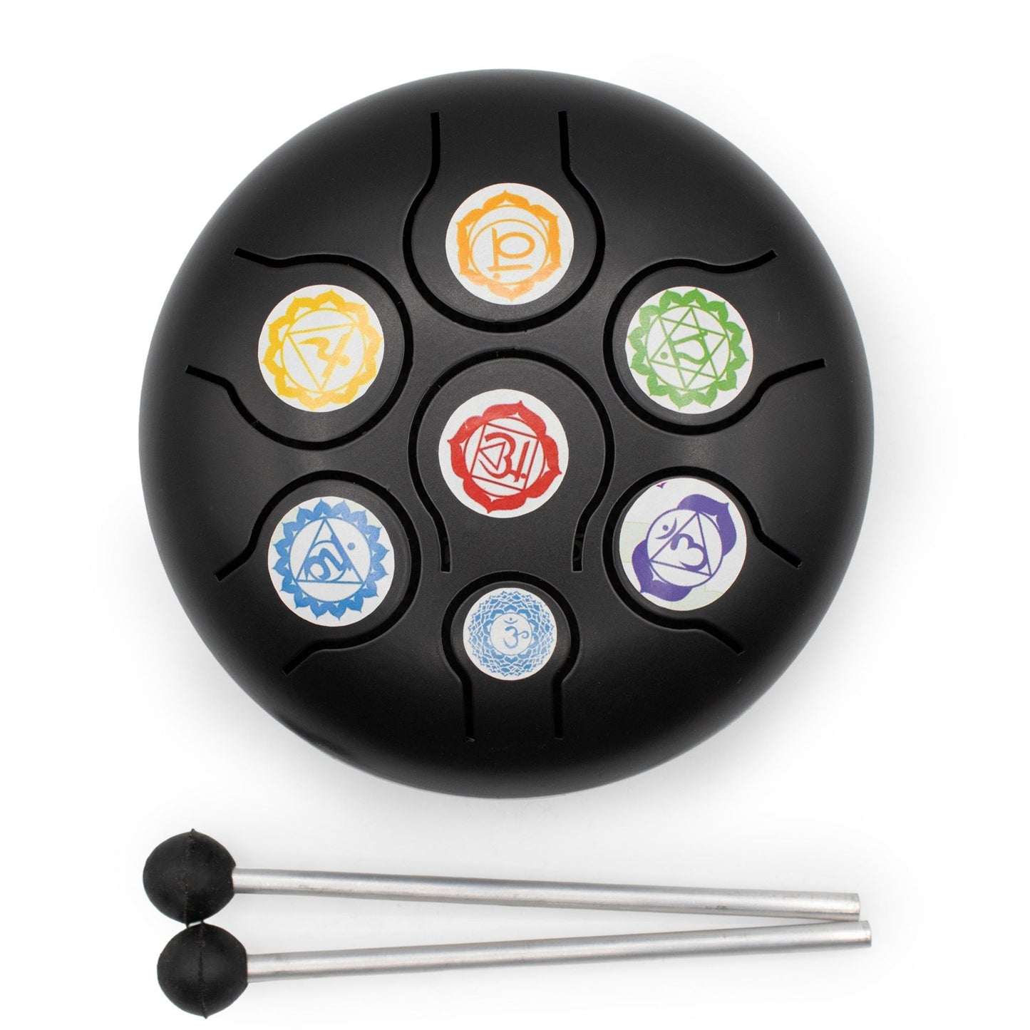 A low-medium Hapi Drum in a sleek black finish, detailed with coloured chakra symbols that add a subtle, meaningful touch to its clean design. Simple on the outside, but visually distinctive up close.