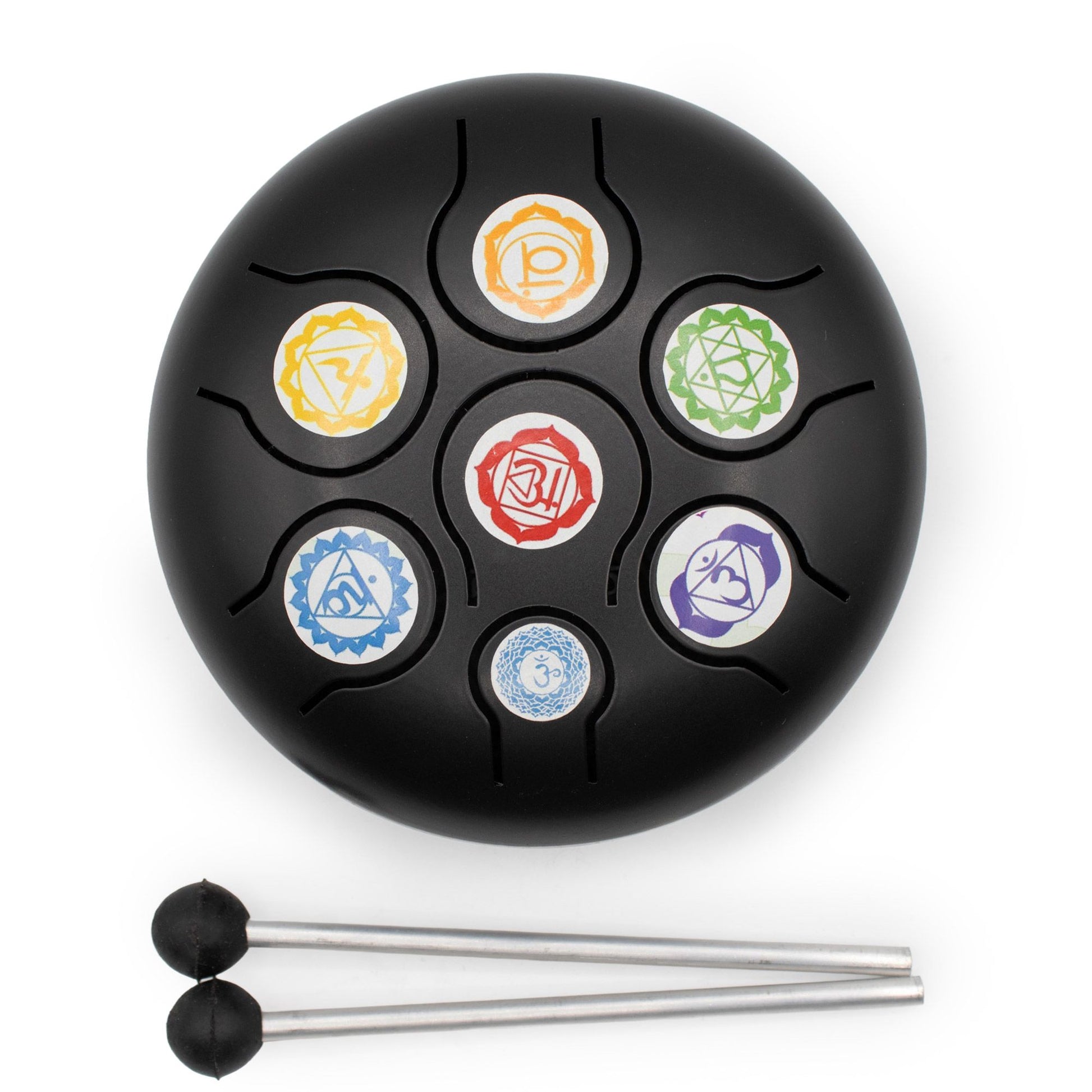 A low-medium Hapi Drum in a sleek black finish, detailed with coloured chakra symbols that add a subtle, meaningful touch to its clean design. Simple on the outside, but visually distinctive up close.