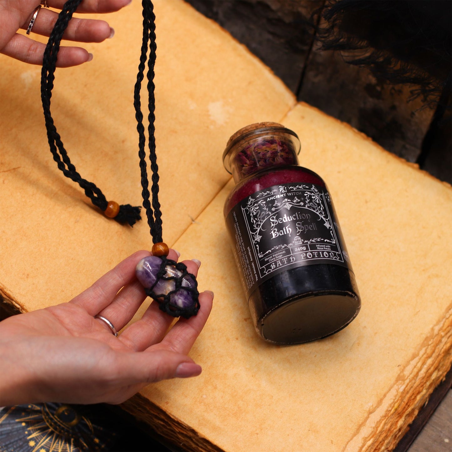 Ancient Witch Cleansing Bath Spell Potion & Rock Crystal Amulet
