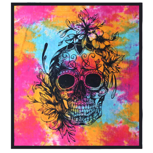 Honour the ancestors. Celebrate the cycle.
This Day of the Dead Skull cotton bedspread is a vibrant tapestry of remembrance and rebellion. Inspired by the sacred traditions of Día de los Muertos, it features a bold sugar skull design – a symbol of life, death, and everything in between.

Handmade in India from 100% soft cotton, this piece can be used as a powerful wall hanging, bedspread, or altar backdrop. With every thread, it calls in colour, memory, and spirit — a perfect companion for Samhain altars, a