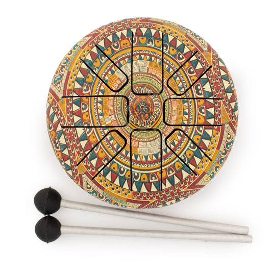 A small Hapi Drum with a detailed mandala-inspired design, centred around the Om symbol. The intricate pattern and balanced layout give it a calm, focused look, making it just as appealing visually as it is to play.