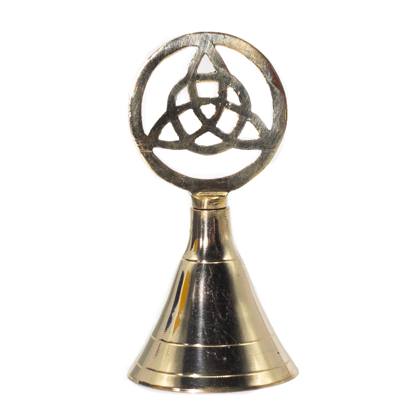 Channel the power of sacred geometry with this Altar Brass Bell – Triquetra, a symbol of eternity, protection, and spiritual unity. Handcrafted from solid brass and crowned with the ancient threefold knot, this bell resonates with timeless Celtic tradition and mystical energy.

Standing 10.5cm tall, it carries a balanced weight and produces a clear, resonant tone, making it an essential tool for rituals, meditation, and energy work. Crafted in India by skilled artisans, the polished brass finish adds elegan