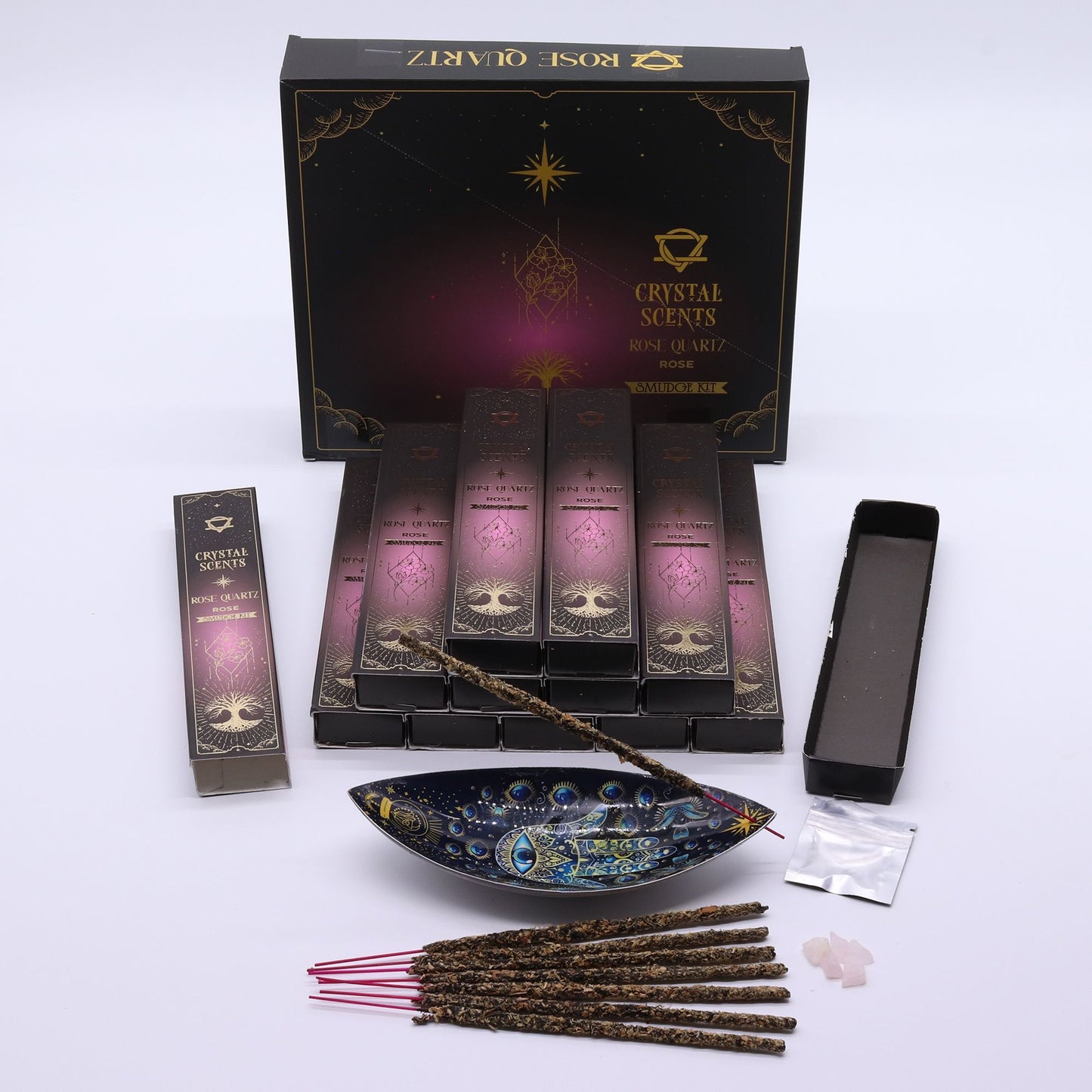Rose Smudge Incense with Rose Quartz – Heart Healing Ritual Aroma Set
