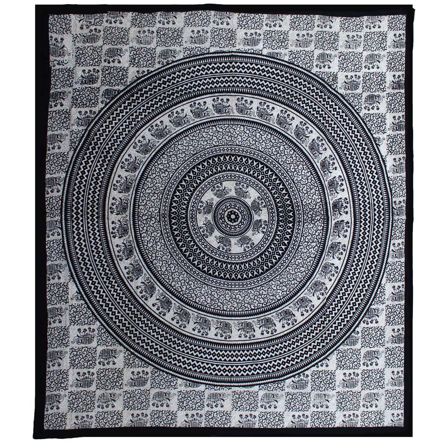 Sacred strength meets balance and beauty...
This Mono Elephant Mandala bedspread weaves together the grounded wisdom of the elephant with the spiritual symmetry of the mandala. In timeless monochrome black and white, it creates a calm, centred energy in your space — ideal for dreamers, yogis, witches, and wanderers alike.

Handmade in India from soft 100% cotton, this double-sized textile makes a powerful statement as a bedspread, wall hanging, altar backdrop, or meditation mat. The elephant represents stab