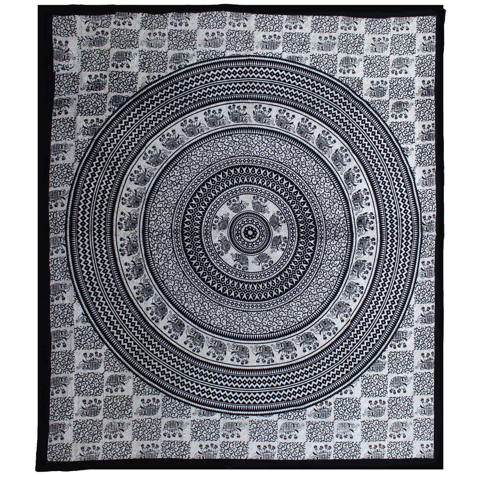 Sacred strength meets balance and beauty...
This Mono Elephant Mandala bedspread weaves together the grounded wisdom of the elephant with the spiritual symmetry of the mandala. In timeless monochrome black and white, it creates a calm, centred energy in your space — ideal for dreamers, yogis, witches, and wanderers alike.

Handmade in India from soft 100% cotton, this double-sized textile makes a powerful statement as a bedspread, wall hanging, altar backdrop, or meditation mat. The elephant represents stab