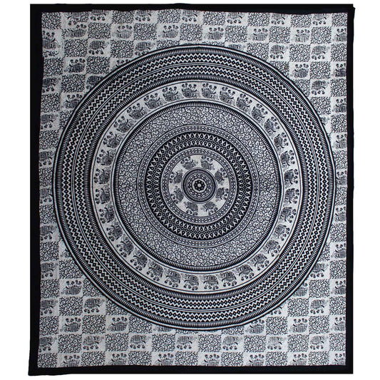 Sacred strength meets balance and beauty...
This Mono Elephant Mandala bedspread weaves together the grounded wisdom of the elephant with the spiritual symmetry of the mandala. In timeless monochrome black and white, it creates a calm, centred energy in your space — ideal for dreamers, yogis, witches, and wanderers alike.

Handmade in India from soft 100% cotton, this double-sized textile makes a powerful statement as a bedspread, wall hanging, altar backdrop, or meditation mat. The elephant represents stab