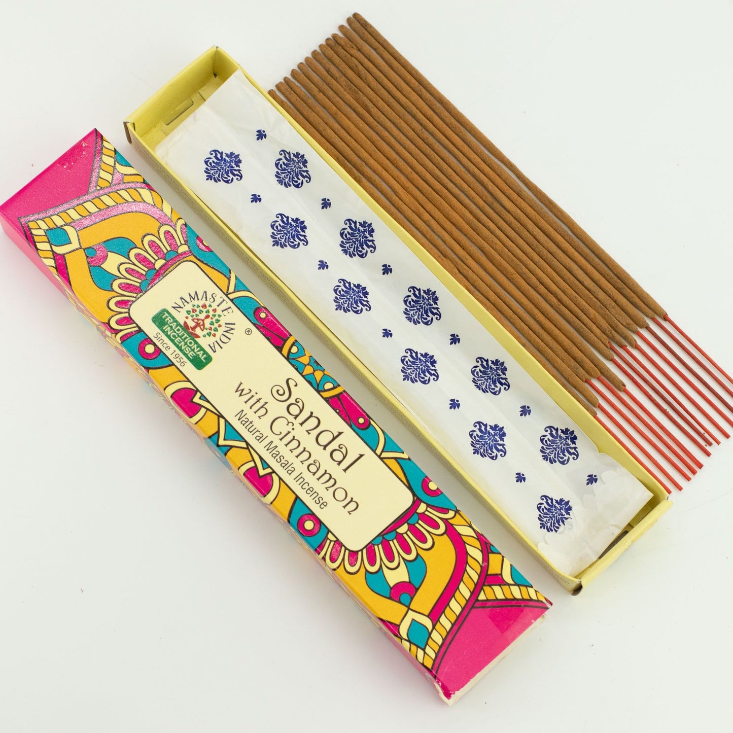 Namaste Mandala Sandalwood & Cinnamon masala incense. 15 handcrafted Indian sticks with warm woody spice aroma for meditation and relaxation.
